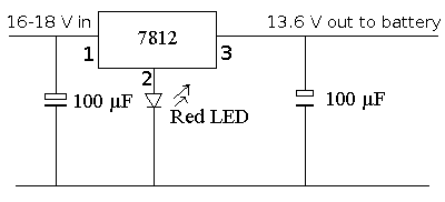 Charger schematic. A 7812 with red LED connected to common