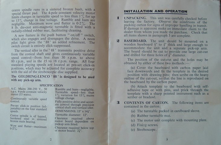Page 2 and 3 of Goldring '88' manual